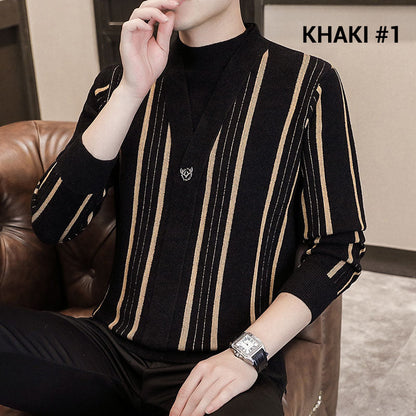 Men's Knit Striped Faux Two Piece Sweater